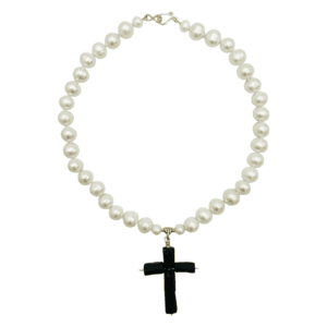 Cruce turmalina si colier perle innodat manual, cu aur filat 14k.