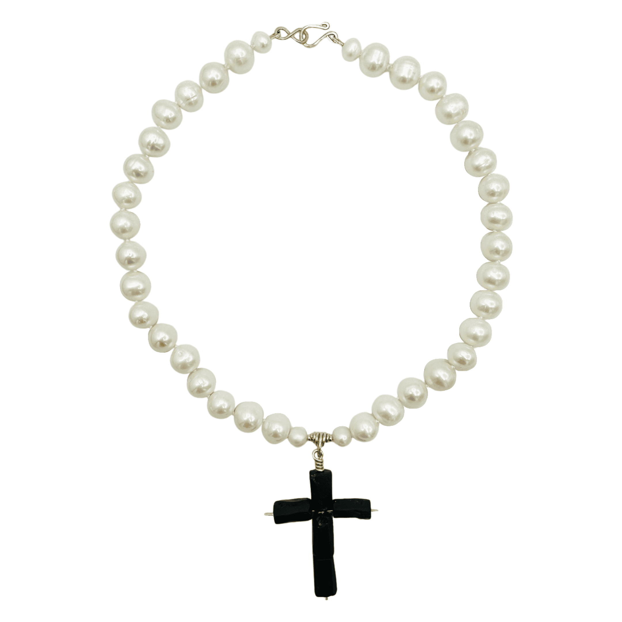 Cruce turmalina si colier perle innodat manual, cu aur filat 14k.